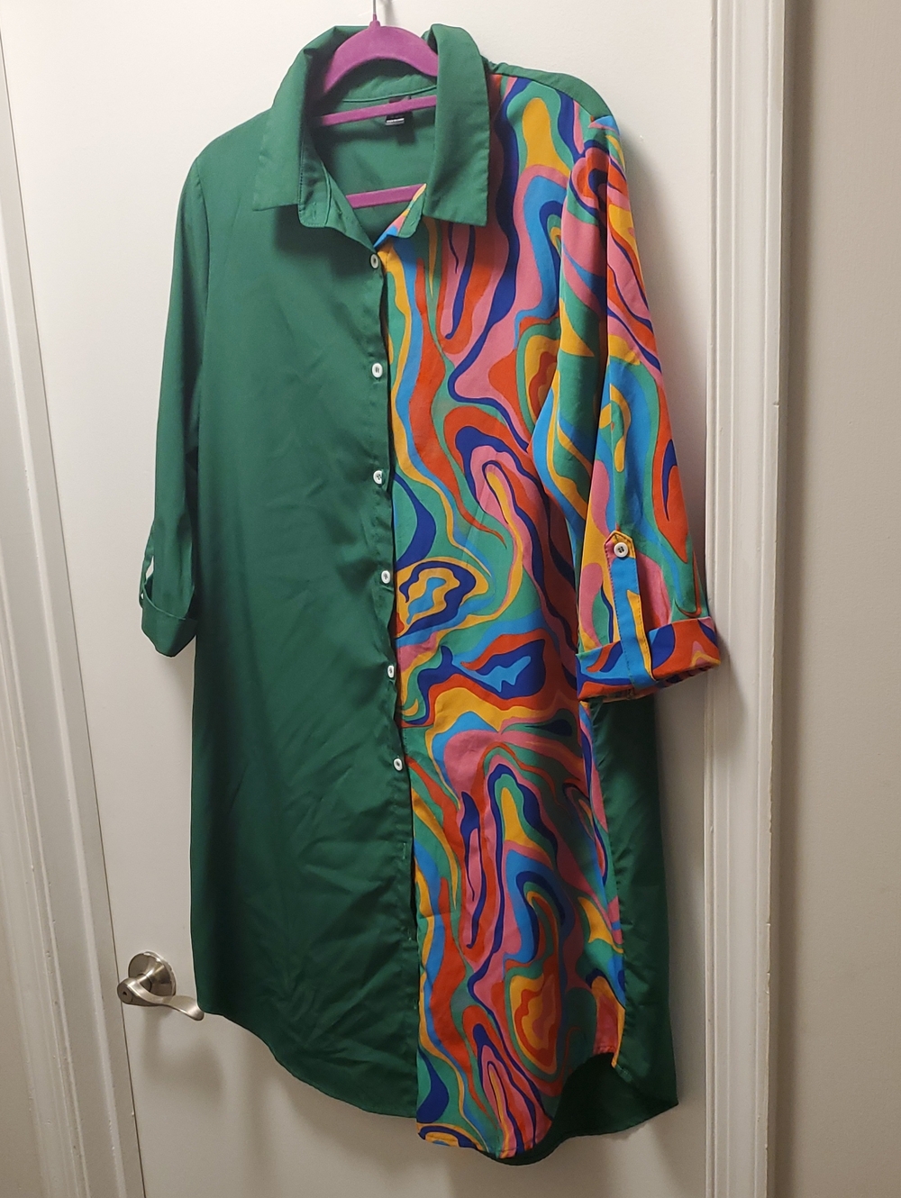 SHEIN Green Button-Down Shirt with Multicolor Swirl Panel